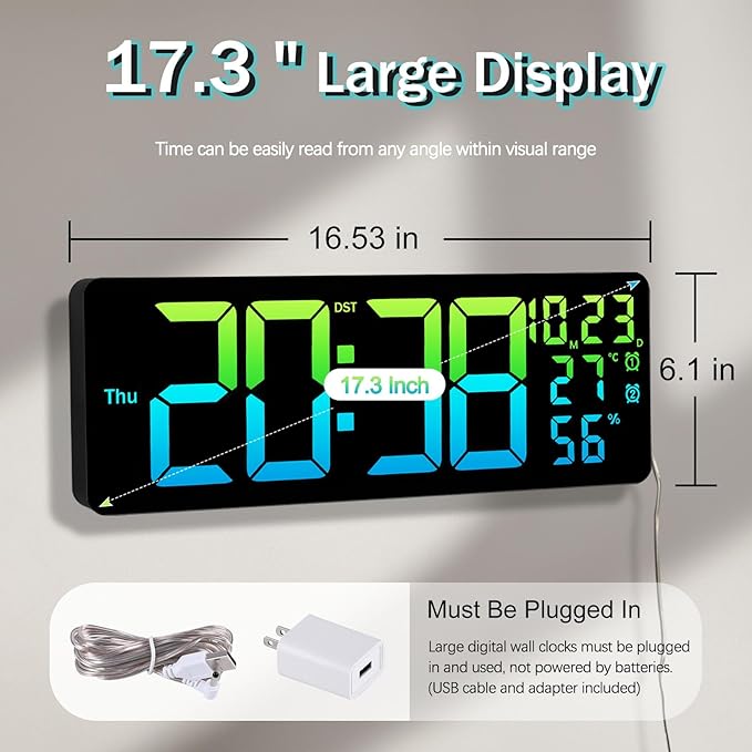 JoFomp 17.3" Large Digital Wall Clock, LED Digital Clock Large Display - Image 2