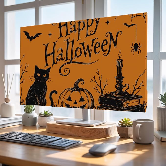Halloween Black Cat Pumpkin Dead Trees Indoor TV Cover, Elastic TV Screen by Unknown