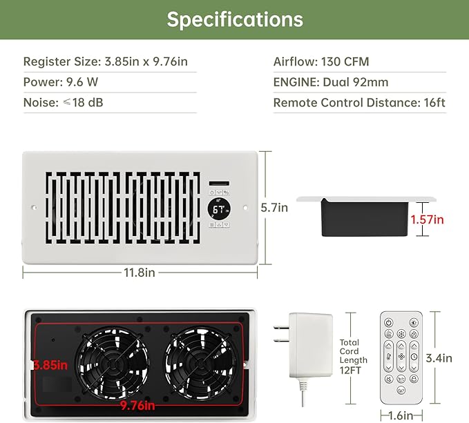 Register Booster Fan Fits 4” x 10” Register Holes, Smart Control Heating - Image 8