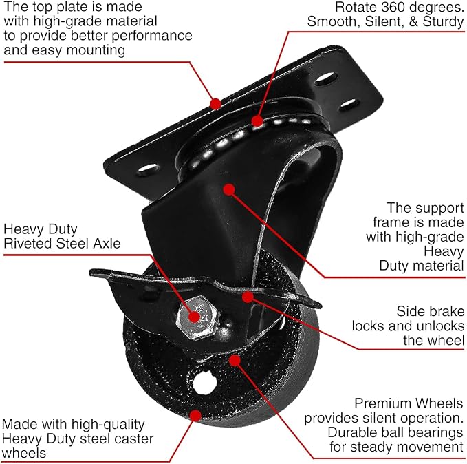 FactorDuty Set of 4 Metal Swivel Plate Caster Wheels - Image 3