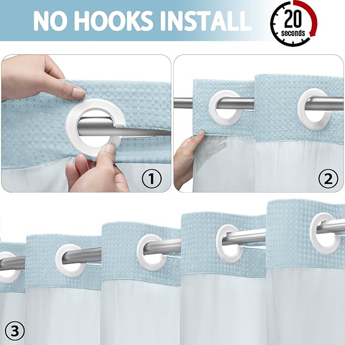 No Hook Shower Curtain and Liner Set, Teal Hotel Waffle Shower Curtain - Image 2