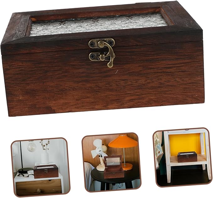Vintage Begonia Flower Glass Top Wooden Storage Box Multifunctional Jewelry - Image 7