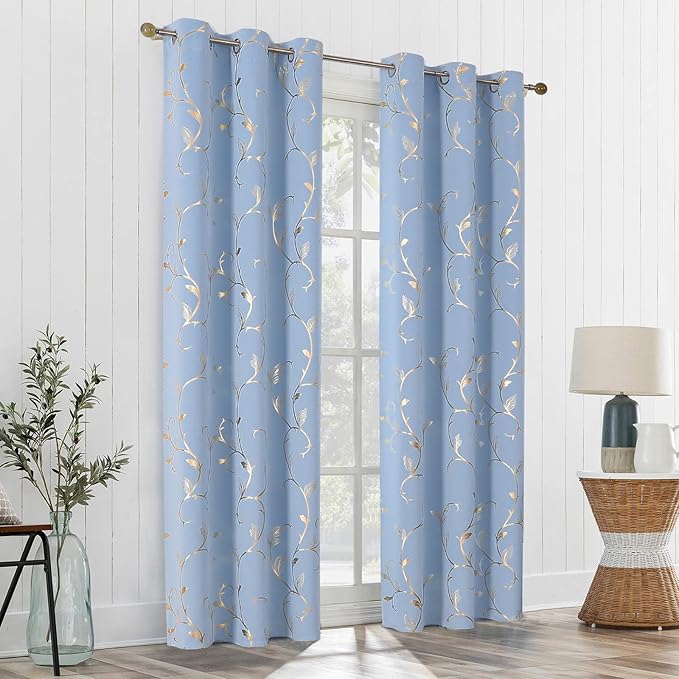 BUHUA Blackout Curtains Gold Foil Print Flower Vine Grommet Drapes, Room - Image 7