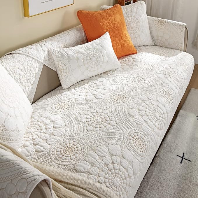 vctops Boho Circle Embroidery Couch Sofa Cover Solid Color Cotton Quilted - Image 4