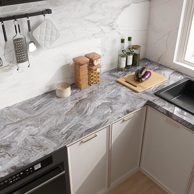 CRE8TIVE Slate Grey Gold Marble Wallpaper Peel and Stick Glossy Marble Contact - Image 3