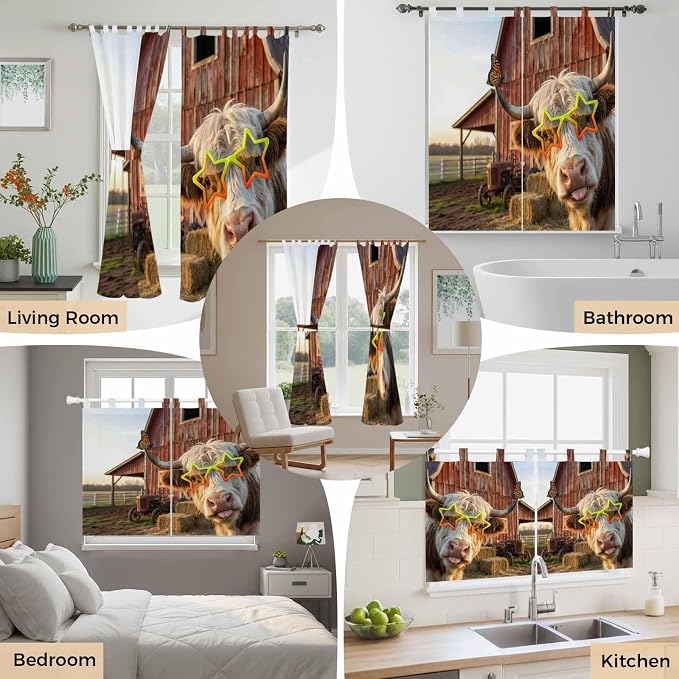 Farm Yaks Bathroom Curtains 63 Inch Length, Window Curtains Tab Top, Farmhouse - Image 7