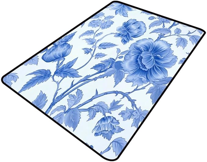 Vintage Blue Peony Design Printed Rug by Snarena