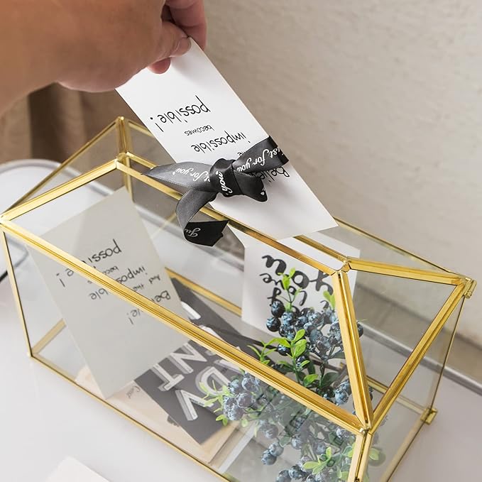 Glass Wedding Card Box with Slot, 12.6 inch Large Clear Card Box Gold Brass - Image 4
