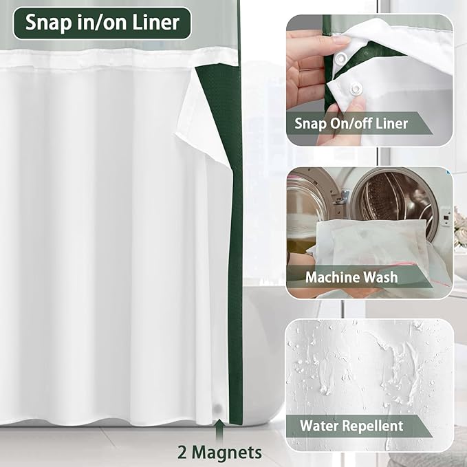 No Hook Shower Curtain and Liner Set, Dark Green Hotel Waffle Shower Curtain - Image 4