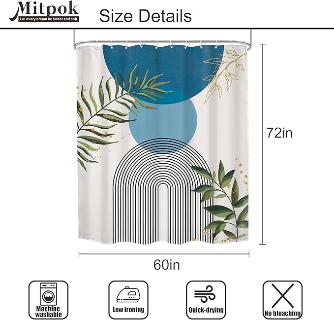 Blue Boho Modern Shower Curtain Mid Century Abstract Gold Green Leaves Sun Arch - Image 5