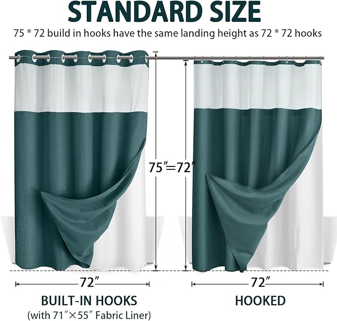 No Hook Shower Curtain and Liner Set, Seaweed Green Hotel Waffle Shower Curtain - Image 6