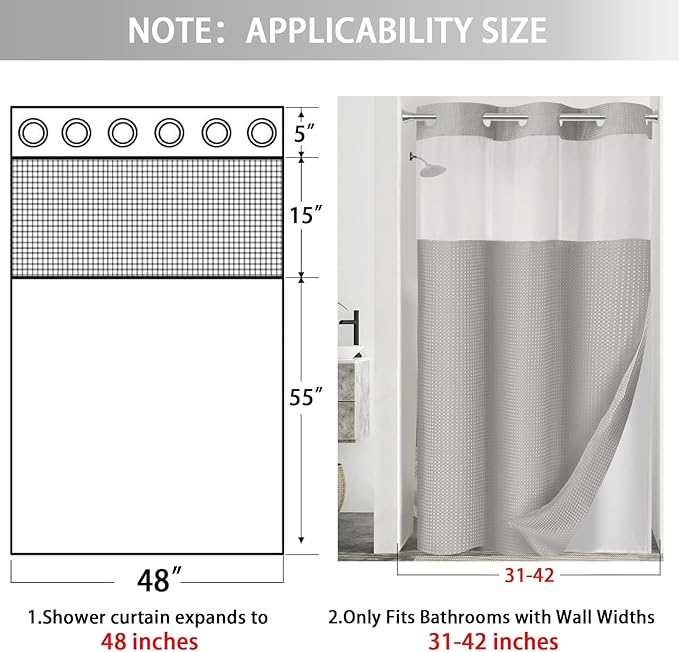 No Hook Shower Curtain and Liner Set, Light Grey Hotel Waffle Shower Curtain - Image 6