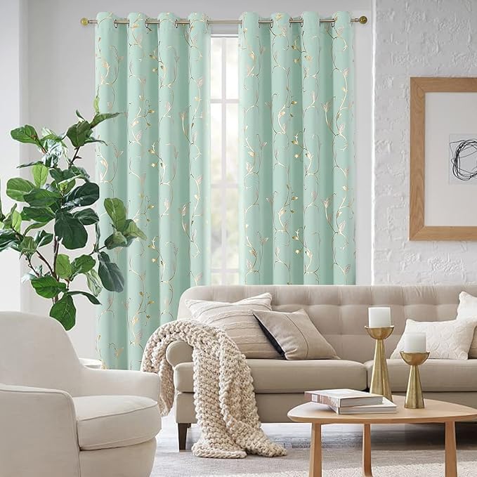 BUHUA Blackout Curtains Gold Foil Print Flower Vine Grommet Drapes, Room - Image 6