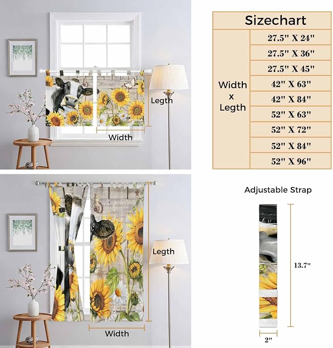 Yellow Sunflowers Bathroom Curtains 63 Inch Length, Window Curtains Tab Top - Image 8