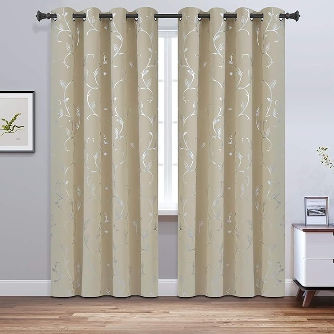 BUHUA Silver Print Blackout Curtain 2 Panel Set Vine Foil Print Thermal - Image 2