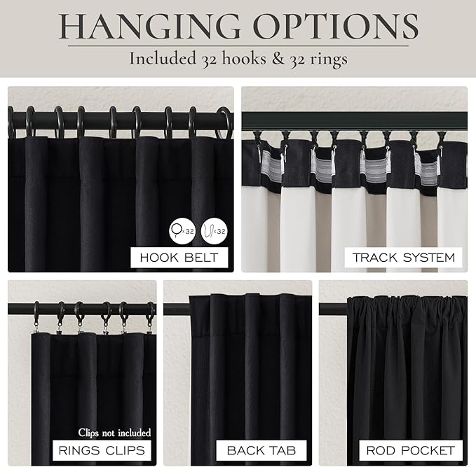 Black Blackout Curtains 92 Inches Long 2 Panel Set, Sun Blocking Curtain - Image 4