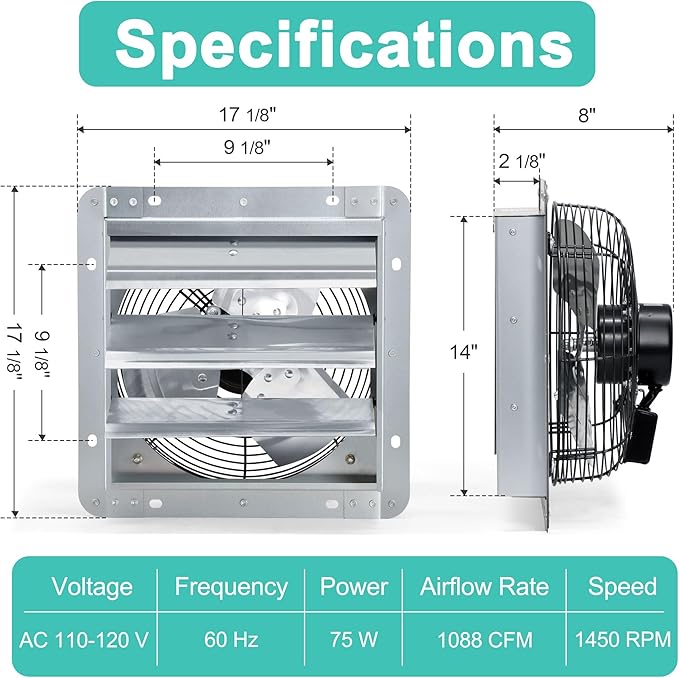 14 Inch Shutter Exhaust Fan, High Power Wall Mount Attic Fan - Image 2