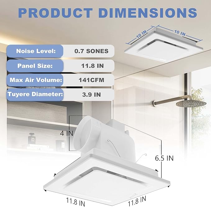 Bathroom Fan Ceiling Mount Exhaust Ventilation, 141 CFM 0.7 Sones, 4 Inches Duct - Image 2