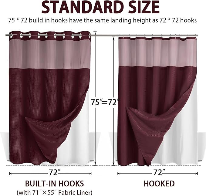 No Hook Shower Curtain and Liner Set, Burgundy Hotel Waffle Shower Curtain - Image 6