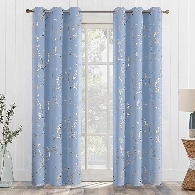 BUHUA Blackout Curtains Gold Foil Print Flower Vine Grommet Drapes, Room - Image 2