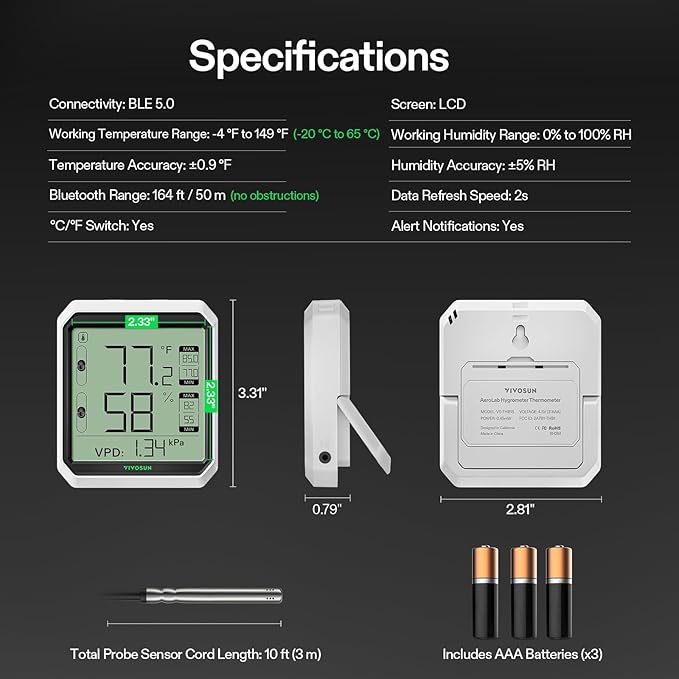 VIVOSUN AeroLab THB1S Wireless Bluetooth Hygrometer Thermometer Indoor - Image 8