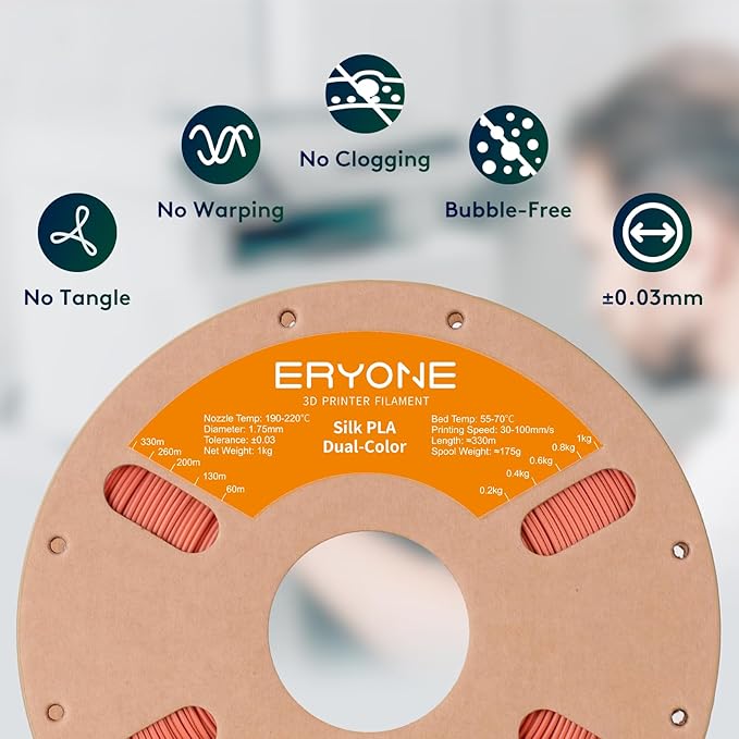 ERYONE Silk Dual Color PLA Filament 3D Printer 1.75mm +/- 0.03mm, Bicolor - Image 4