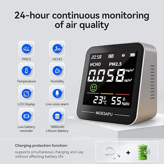 4-in-1 Indoor Air Quality Monitor, HCHO PM2.5 Detector, Formaldehyde - Image 3