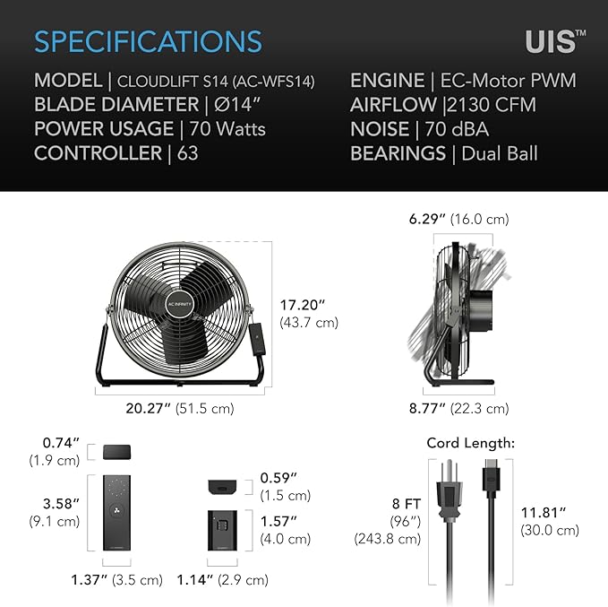AC Infinity CLOUDLIFT S14, Industrial Wall Fan 14” - Image 7