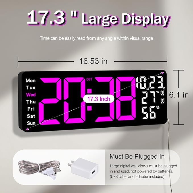 JoFomp 17.3" Large Digital Wall Clock, LED Digital Clock Large Display - Image 2