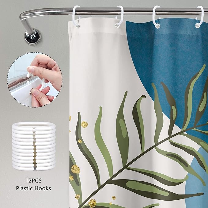 Blue Gray Boho Shower Curtain Dusty Blue Gold Leaves Modern Bohemian Abstract - Image 6