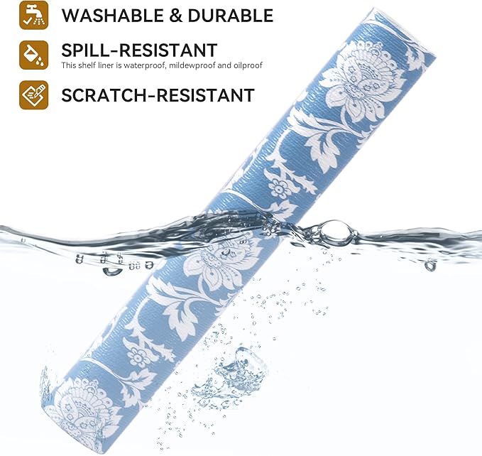 RAY STAR Shelf Liner, Non Adhesive Blue Floral Kitchen Cabinet Liner - Image 2