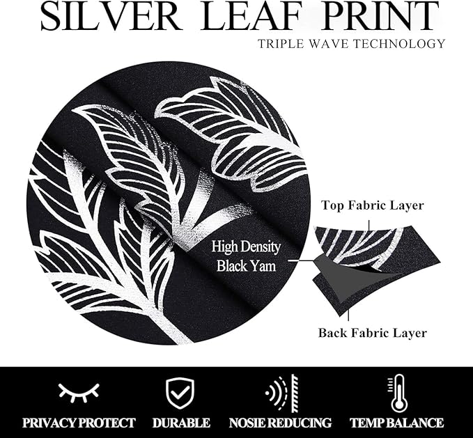 BUHUA Blackout Curtain 2 Panel Set Silver Vine Foil Print Thermal Insulated - Image 4