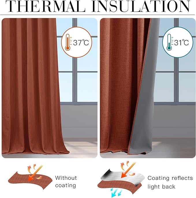RYB HOME 100% Blackout Linen Textured Curtains 96 inches Long, Insulating - Image 4