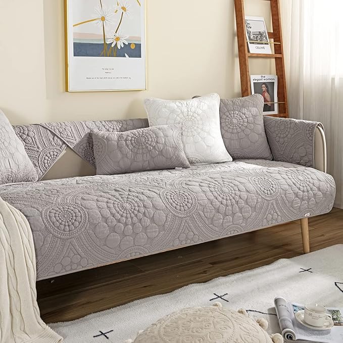 vctops Boho Circle Embroidery Couch Sofa Cover Solid Color Cotton Quilted - Image 3