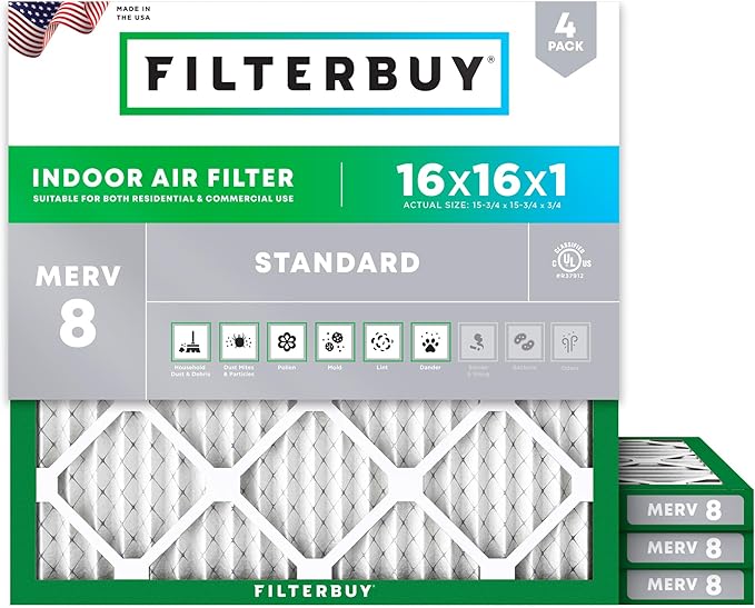 Filterbuy 16x16x1 Air Filter MERV 8 Essential Dust & Allergy Defense, by Filterbuy