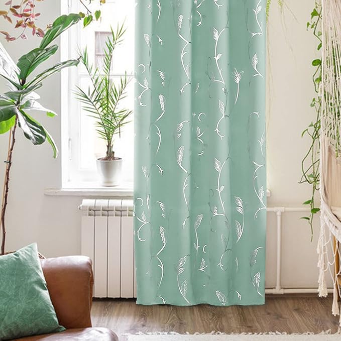 BUHUA Aqua Blackout Curtain 2 Panel Set Silver Vine Foil Print Thermal - Image 6