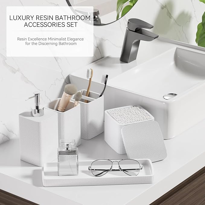 White Bathroom Accessories Set 5 Pieces, Resin Toothbrush Holders Set Complete - Image 6