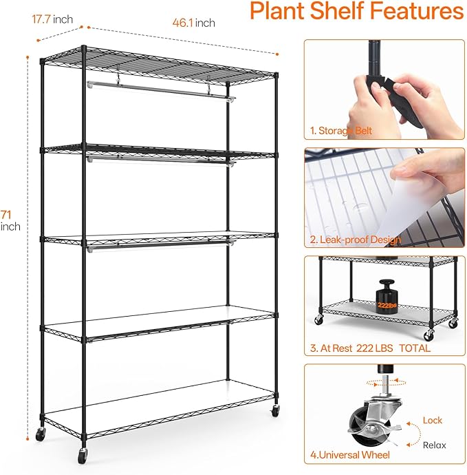 Bstrip Plant Shelf with Grow Light, 5 Tier Large Tall Plant Stand with 3FT T8 - Image 7