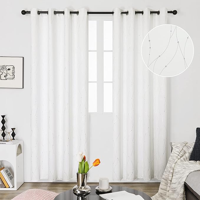 Deconovo Blackout Grommet Silver Pattern Printed Curtains, Pure White, 52W x 84L - Image 2