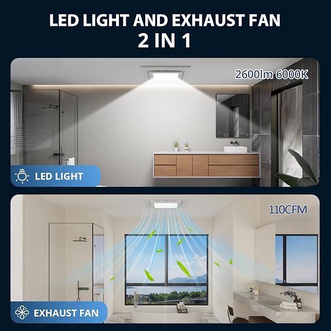 10" Bathroom Exhaust Fan with Light, 110 CFM Powerful 1.0 Sone Quiet Vent Fan - Image 2