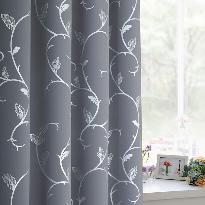 BUHUA Light Grey Floral Print Curtains Silver Wave Vine Pattern Blackout - Image 3