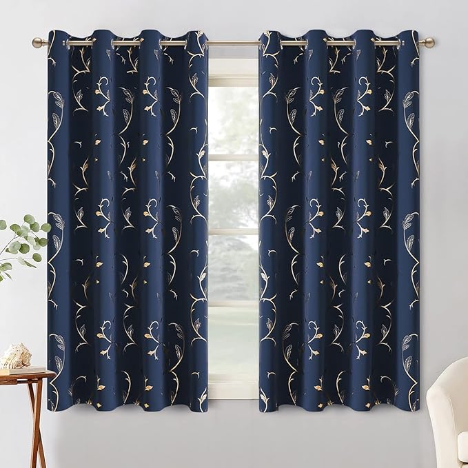 BUHUA Blackout Curtains Gold Foil Print Flower Vine Grommet Drapes, Room - Image 2