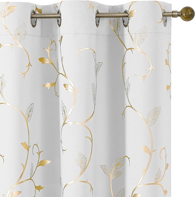 BUHUA Blackout Curtains Gold Foil Print Flower Vine Grommet Drapes, Room by BUHUA