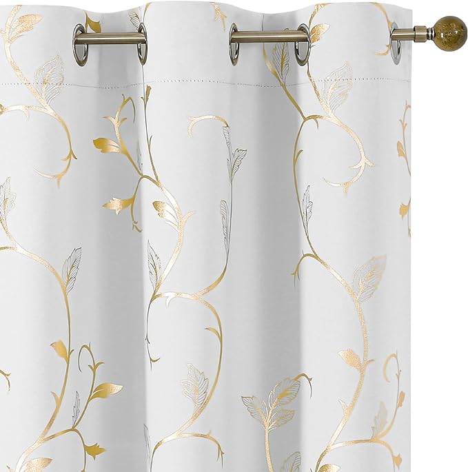 BUHUA Blackout Curtains Gold Foil Print Flower Vine Grommet Drapes, Room by BUHUA