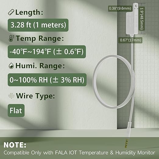 External Flat Temperature & Humidity Sensor Probe – Waterproof, 3.2ft Length - Image 2