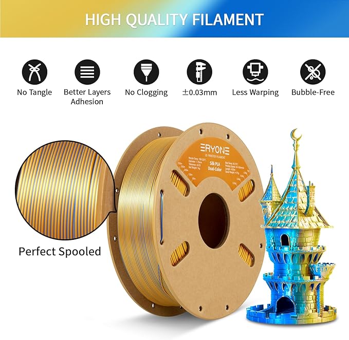 ERYONE Silk Dual Color PLA Filament 3D Printer 1.75mm +/- 0.03mm, Bicolor - Image 5