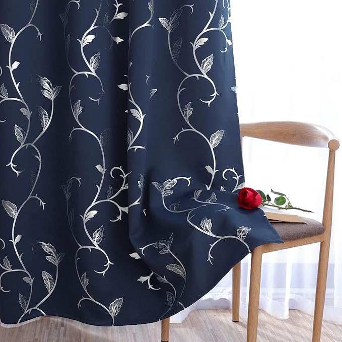 BUHUA Silver Print Blackout Curtain 2 Panel Set Vine Foil Print Thermal - Image 3