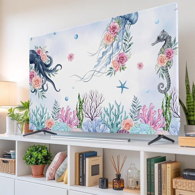 Summer Jellyfish Octopus Seahorse Indoor TV Cover, Elastic TV Screen Protector by Unknown