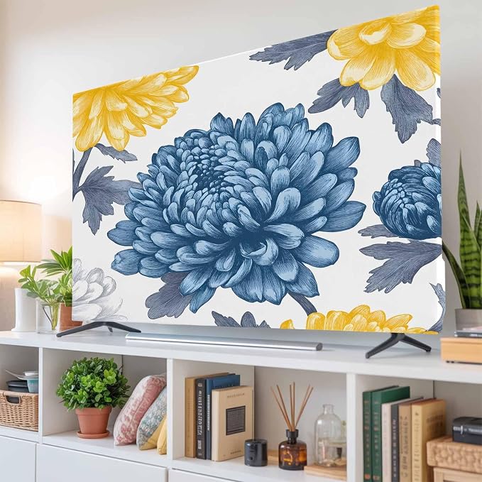 Pastoral White Blue Yellow Flower Indoor TV Cover, Elastic TV Screen Protector by Unknown