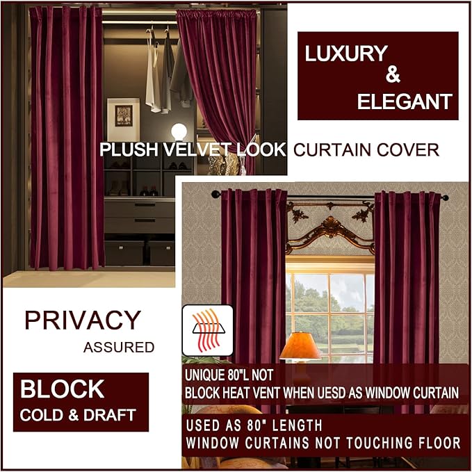 Burgundy Curtains for Bedroom, Back Tab Rod Pocket Single Curtain Panel - Image 3